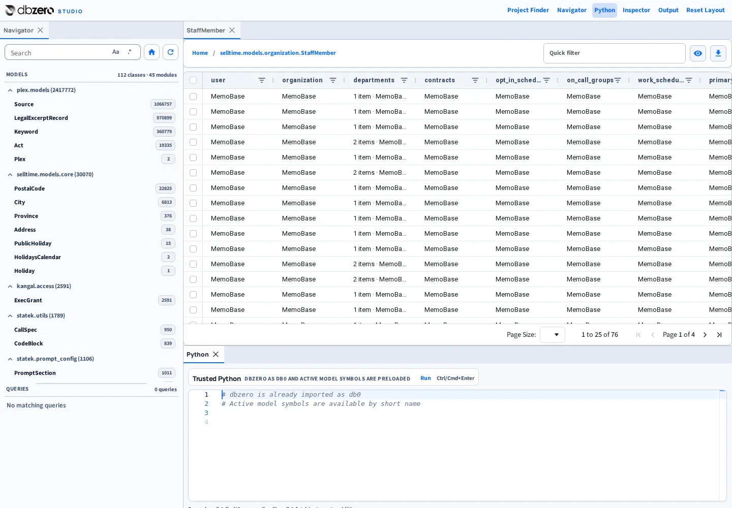 dbzero Studio navigator showing real dbzero model classes and object counts from a local data root