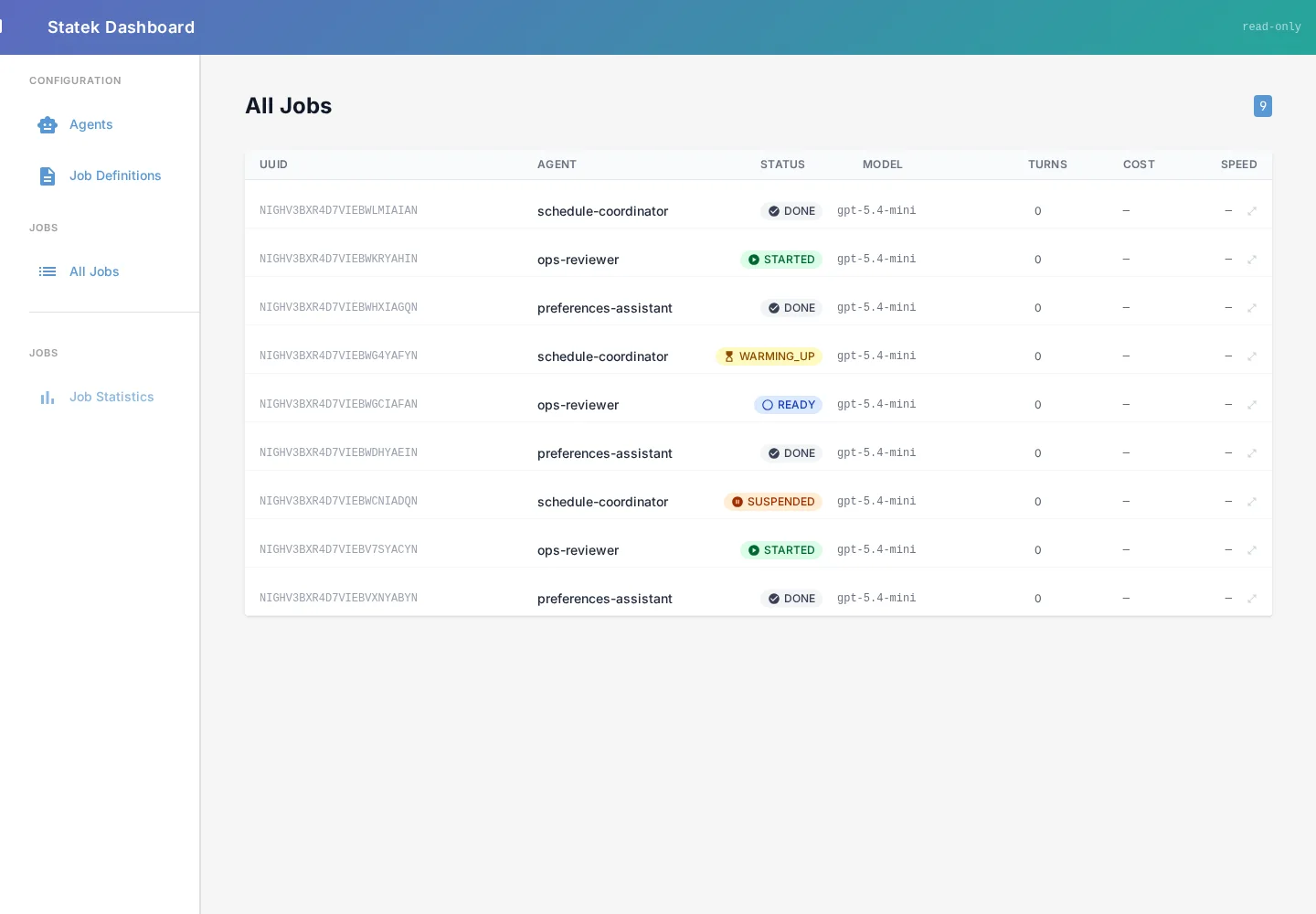 statek-dashboard jobs view populated with generated demo job history